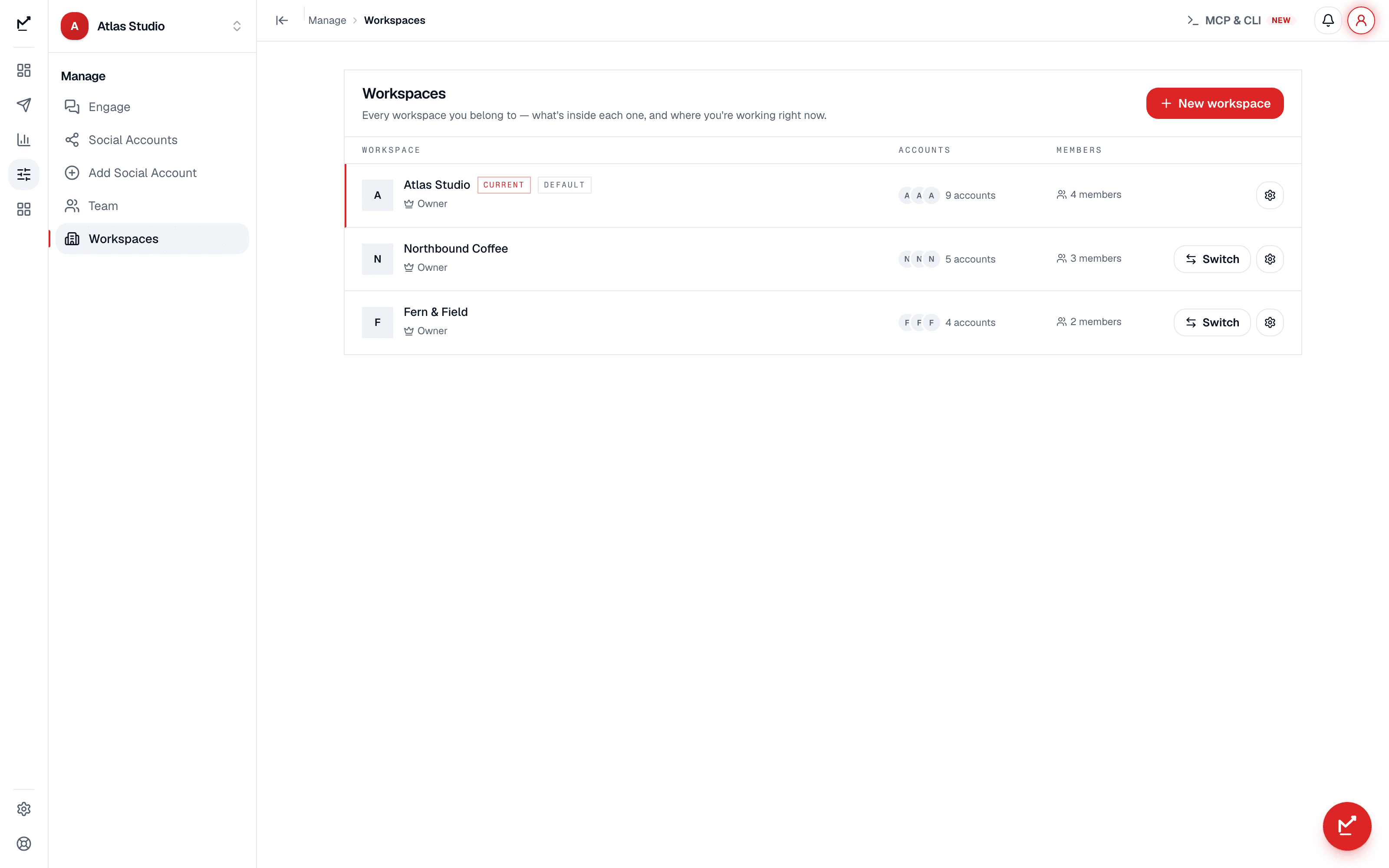 Split brands into workspaces — Social Magnum product screenshot