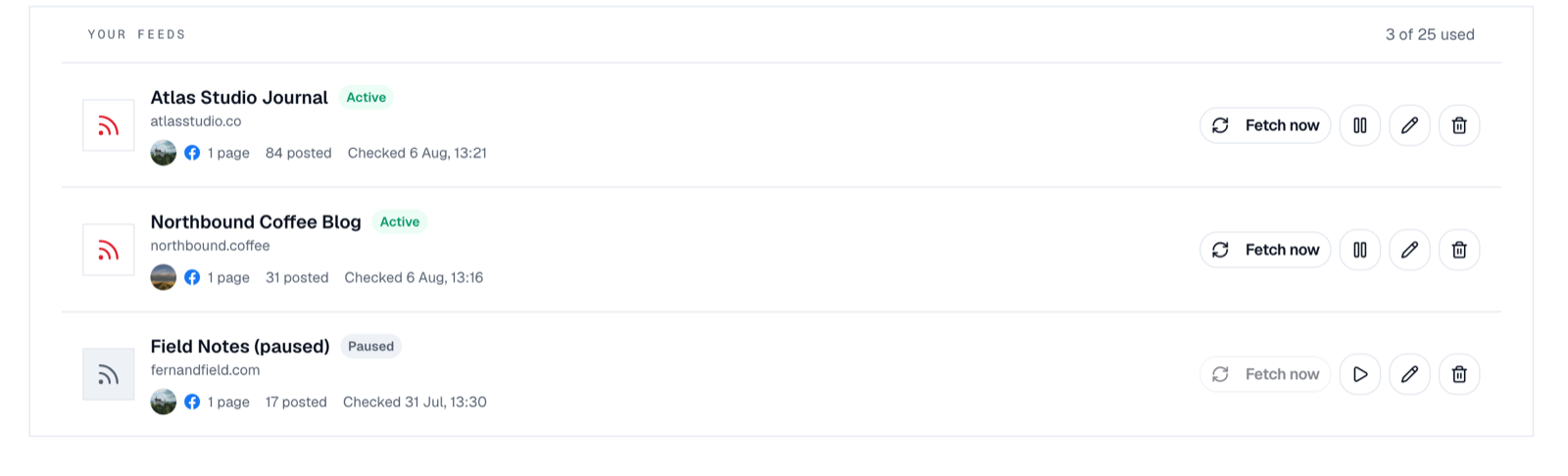 Three automated Facebook Page feeds with live posted counts and a paused state