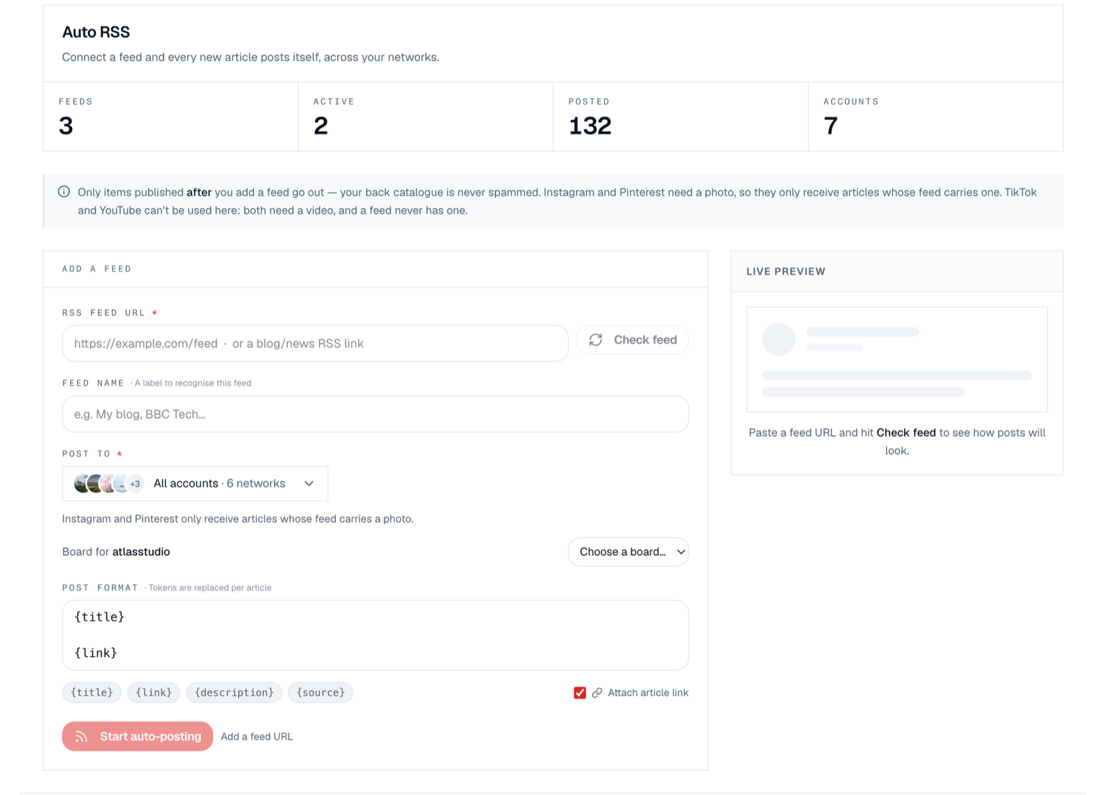 Setting up Facebook Page automation from an RSS feed: feed URL, destination accounts and post format in Social Magnum