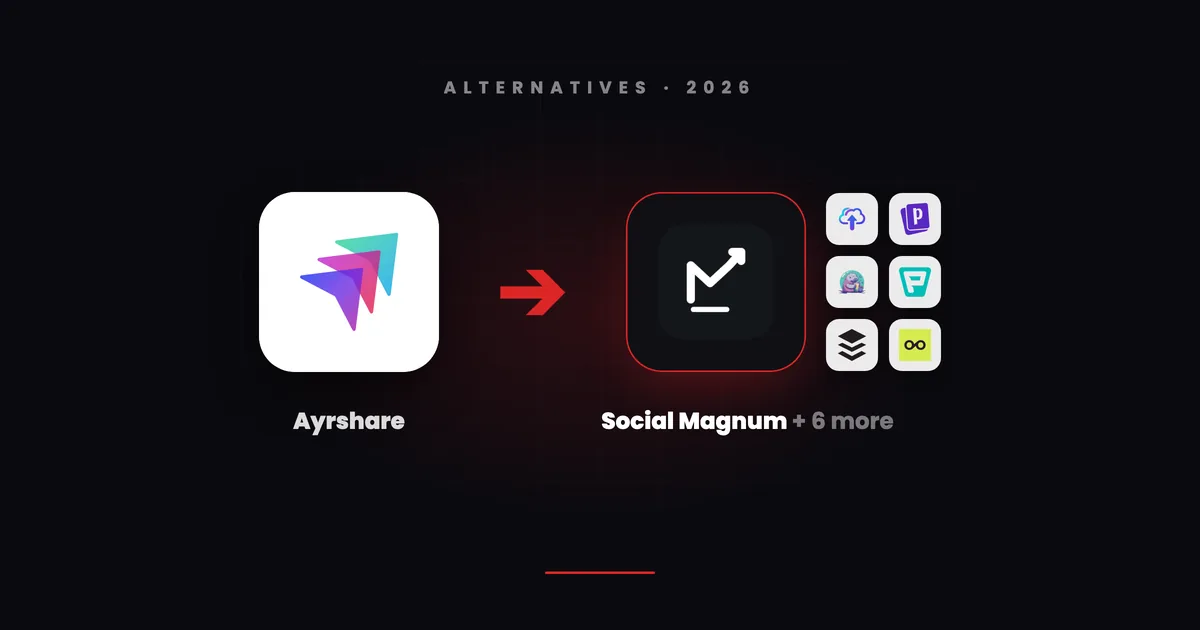 Ayrshare's tile with a red arrow pointing to Social Magnum's dark tile beside small tiles for Upload-Post, Postiz, Blotato, Publer, Buffer and Metricool
