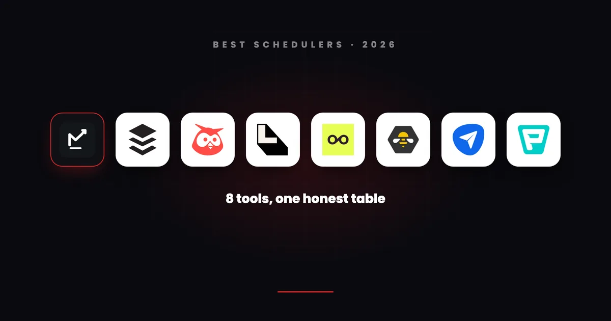 A row of eight scheduler app tiles led by Social Magnum's dark red-ringed tile, with Buffer, Hootsuite, Later, Metricool, SocialBee, SocialPilot and Publer following