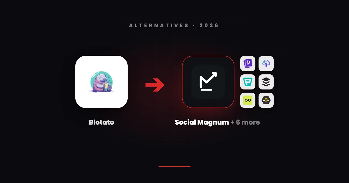Blotato's app tile with a red arrow pointing to Social Magnum's dark tile beside small tiles for Postiz, Upload-Post, Publer, Buffer, Metricool and SocialBee