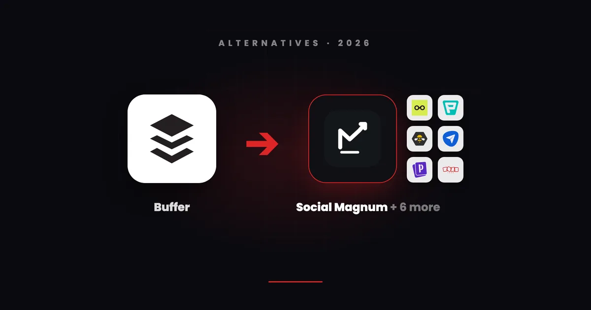 Buffer's stacked-layers tile with a red arrow pointing to Social Magnum's dark tile beside small tiles for Metricool, Publer, SocialBee, SocialPilot, Postiz and Zoho Social
