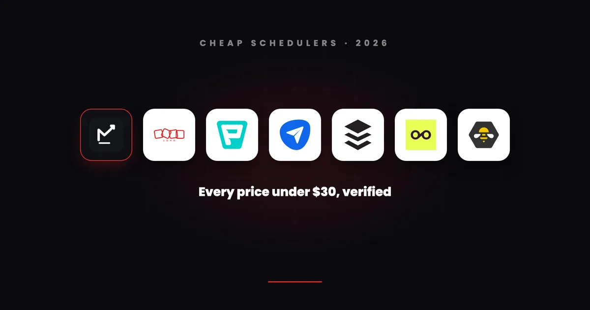 A row of seven scheduler app tiles led by Social Magnum's dark red-ringed tile with Zoho, Publer, SocialPilot, Buffer, Metricool and SocialBee following