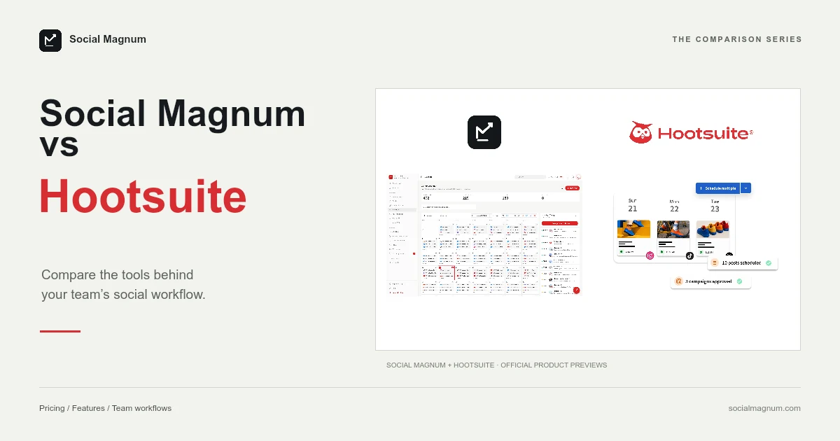Social Magnum vs Hootsuite Social Magnum and Hootsuite logos.