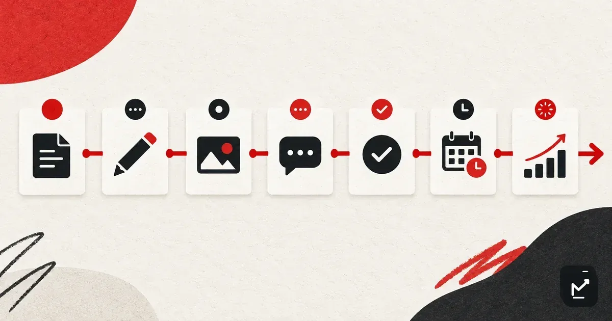 Seven connected cards represent a social media post moving from brief to measurement