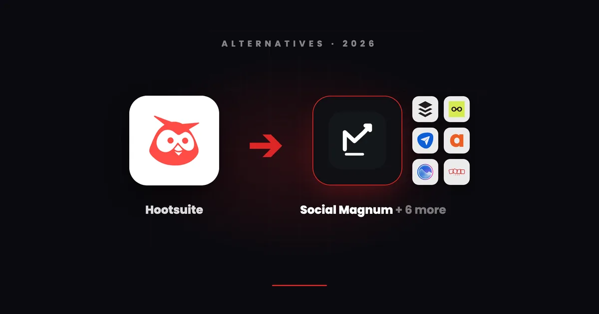 Hootsuite's owl tile with a red arrow pointing to Social Magnum's dark tile beside small tiles for Buffer, Metricool, SocialPilot, Agorapulse, Vista Social and Zoho Social