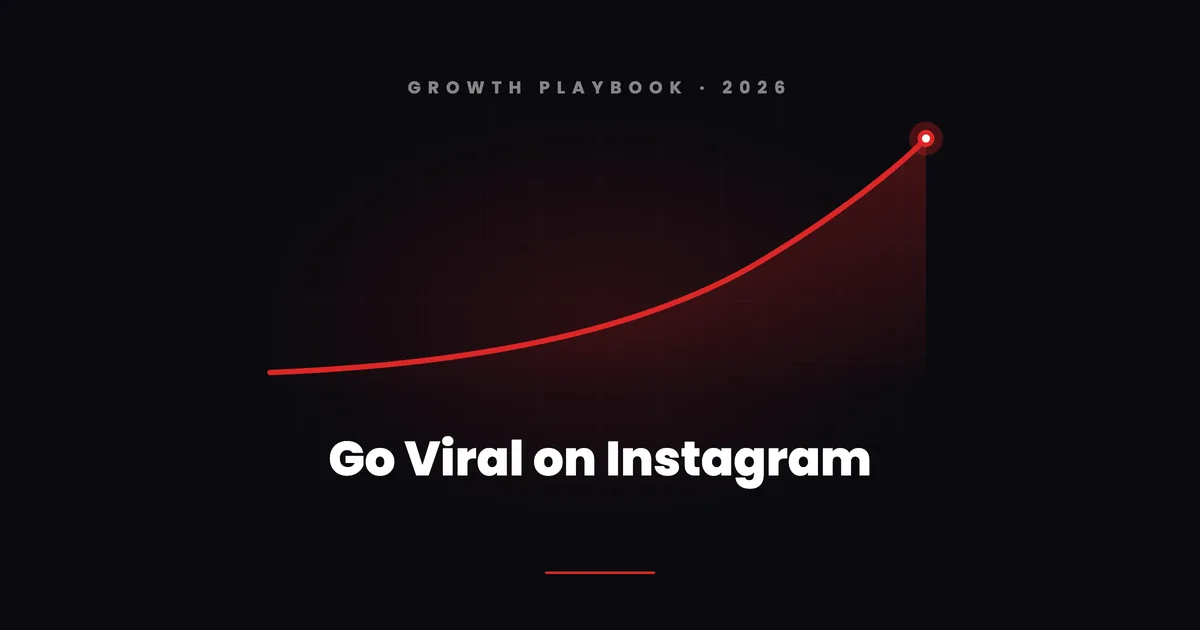 A rising red growth curve with a glowing endpoint on a dark grid under the words Go Viral on Instagram