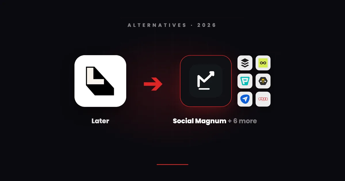 Later's app tile with a red arrow pointing to Social Magnum's dark tile beside small tiles for Buffer, Metricool, Publer, SocialBee, SocialPilot and Zoho Social