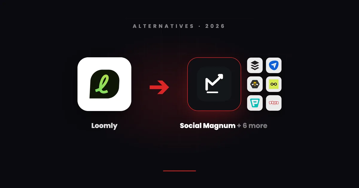 Loomly's logomark tile with a red arrow pointing to Social Magnum's dark tile beside small tiles for Buffer, SocialPilot, SocialBee, Metricool, Publer and Zoho Social