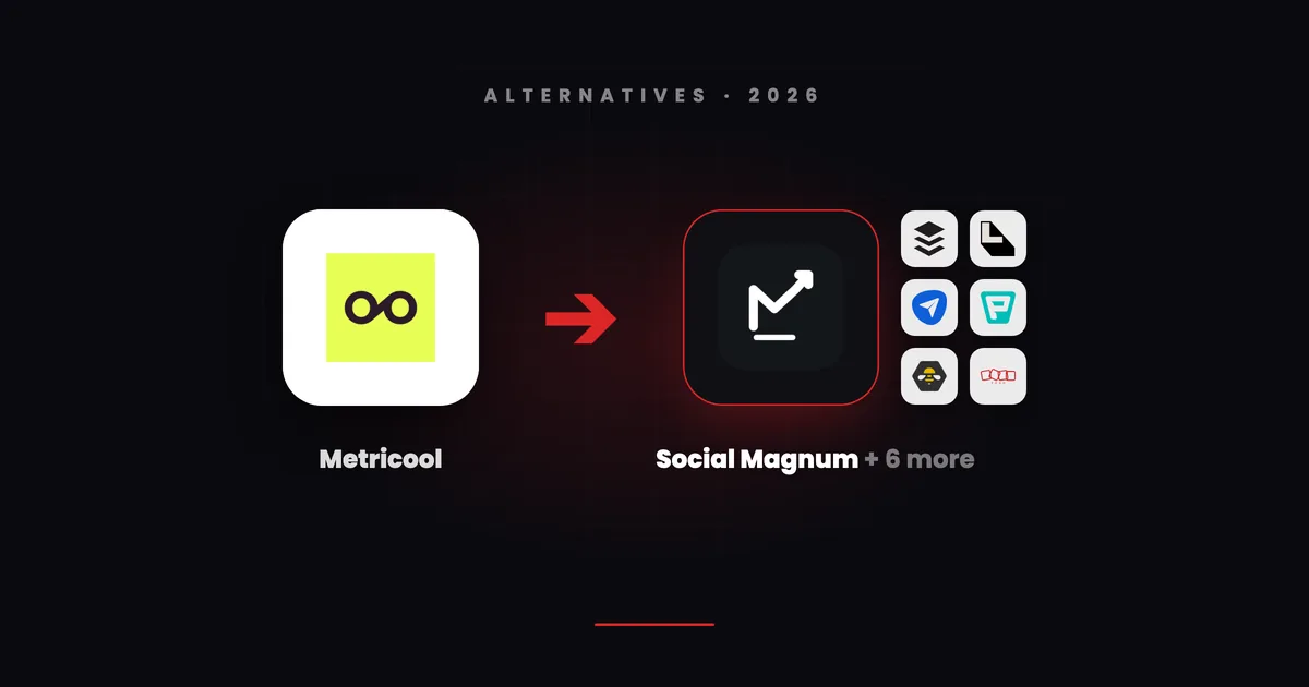 Metricool's app tile with a red arrow pointing to Social Magnum's dark tile beside small tiles for Buffer, Later, SocialPilot, Publer, SocialBee and Zoho Social