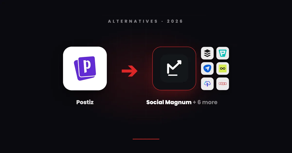 Postiz's tile with a red arrow pointing to Social Magnum's dark tile beside small tiles for Buffer, Publer, SocialPilot, Metricool, Upload-Post and Zoho Social