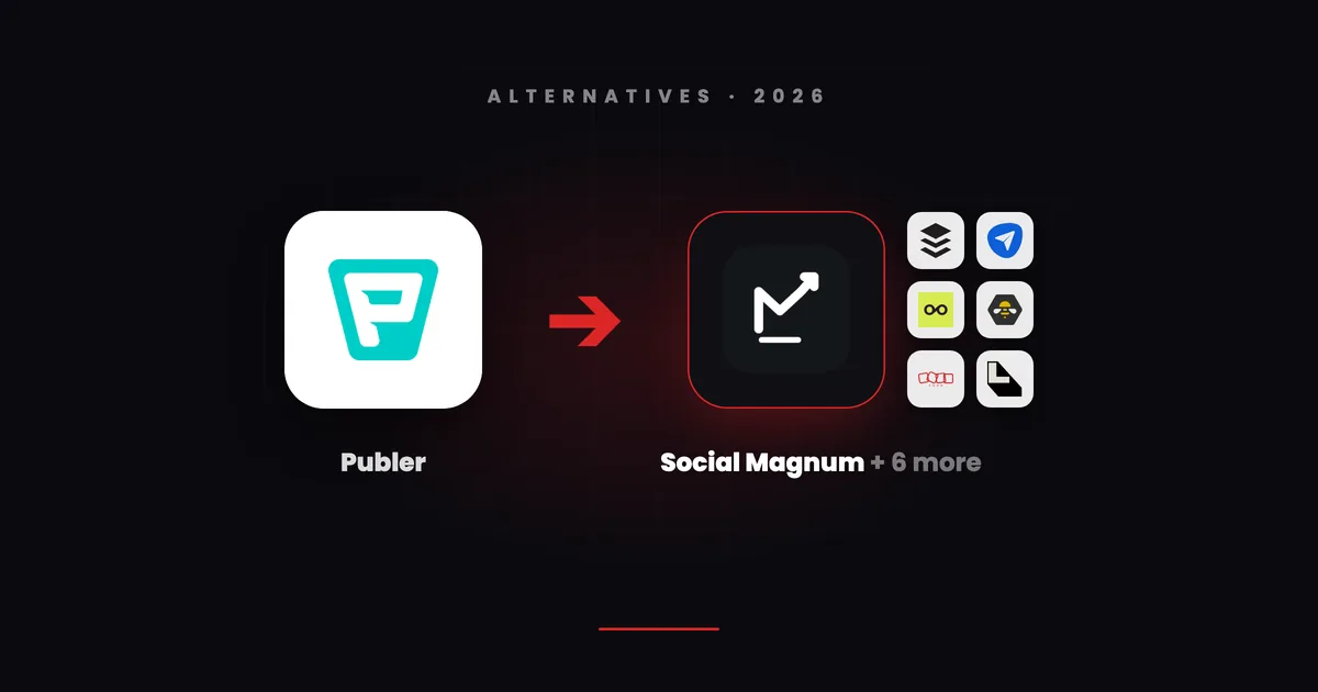 Publer's tile with a red arrow pointing to Social Magnum's dark tile beside small tiles for Buffer, SocialPilot, Metricool, SocialBee, Zoho Social and Later
