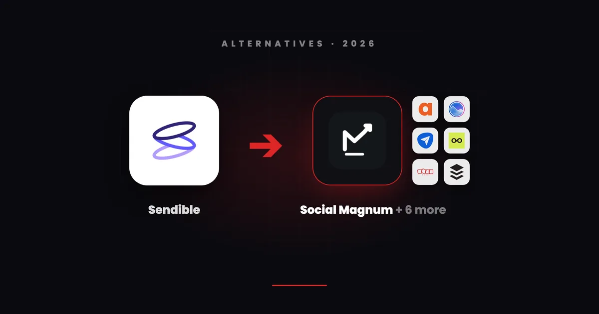 Sendible's app tile with a red arrow pointing to Social Magnum's dark tile beside small tiles for Agorapulse, Vista Social, SocialPilot, Metricool, Zoho Social and Buffer