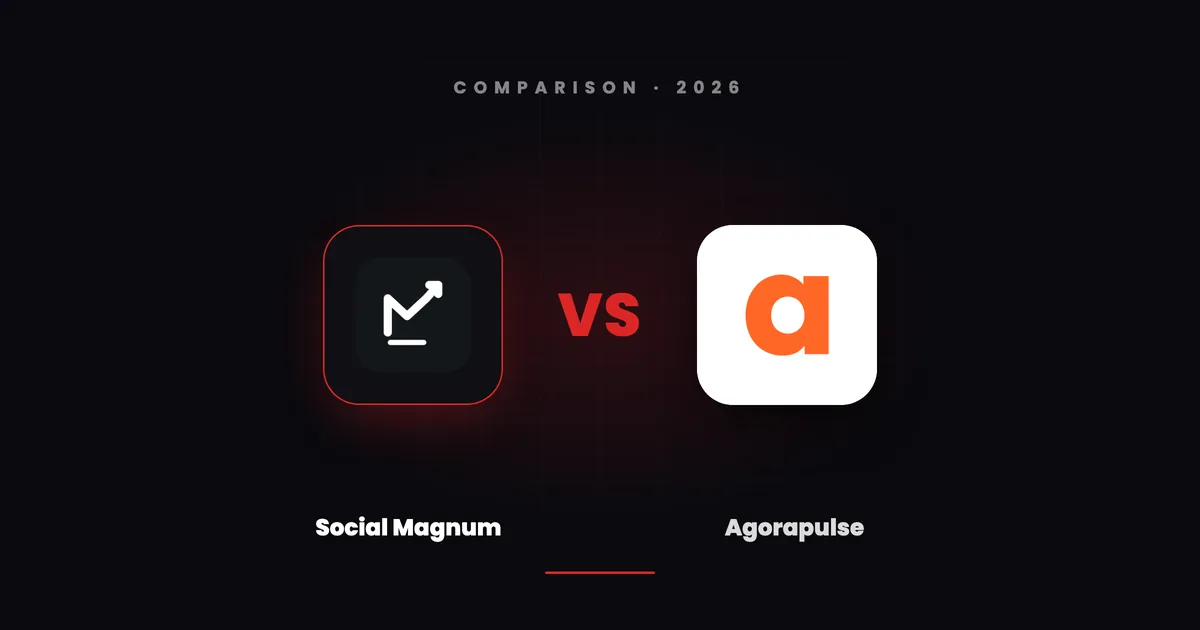 Social Magnum's dark tile and Agorapulse's white tile facing each other across a red VS on a dark canvas