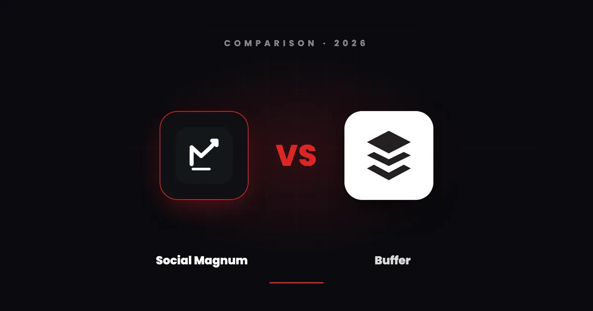 Social Magnum's dark tile and Buffer's white tile facing each other across a red VS on a dark canvas