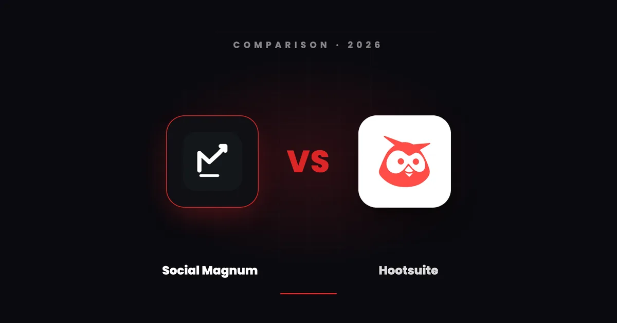 Social Magnum's dark tile and Hootsuite's owl tile facing each other across a red VS on a dark canvas