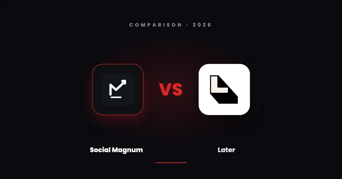 Social Magnum's dark tile and Later's app tile facing each other across a red VS on a dark canvas