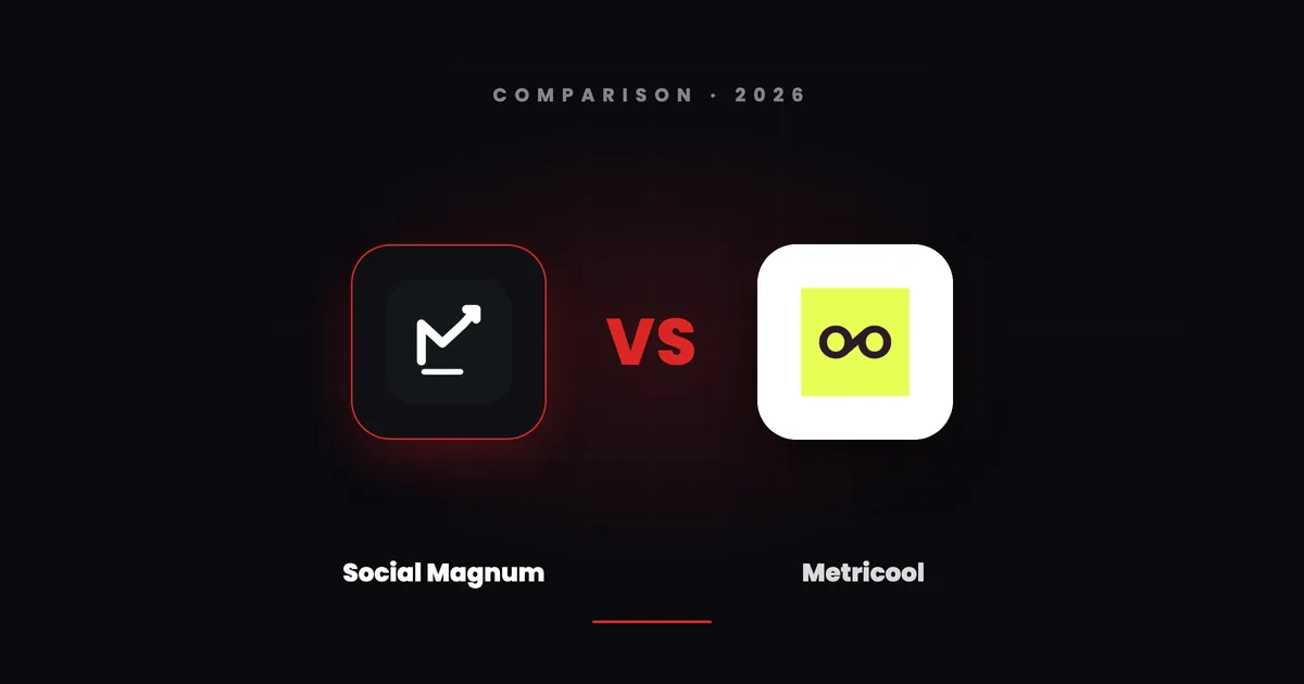 Social Magnum's dark tile and Metricool's lime infinity tile facing each other across a red VS on a dark canvas