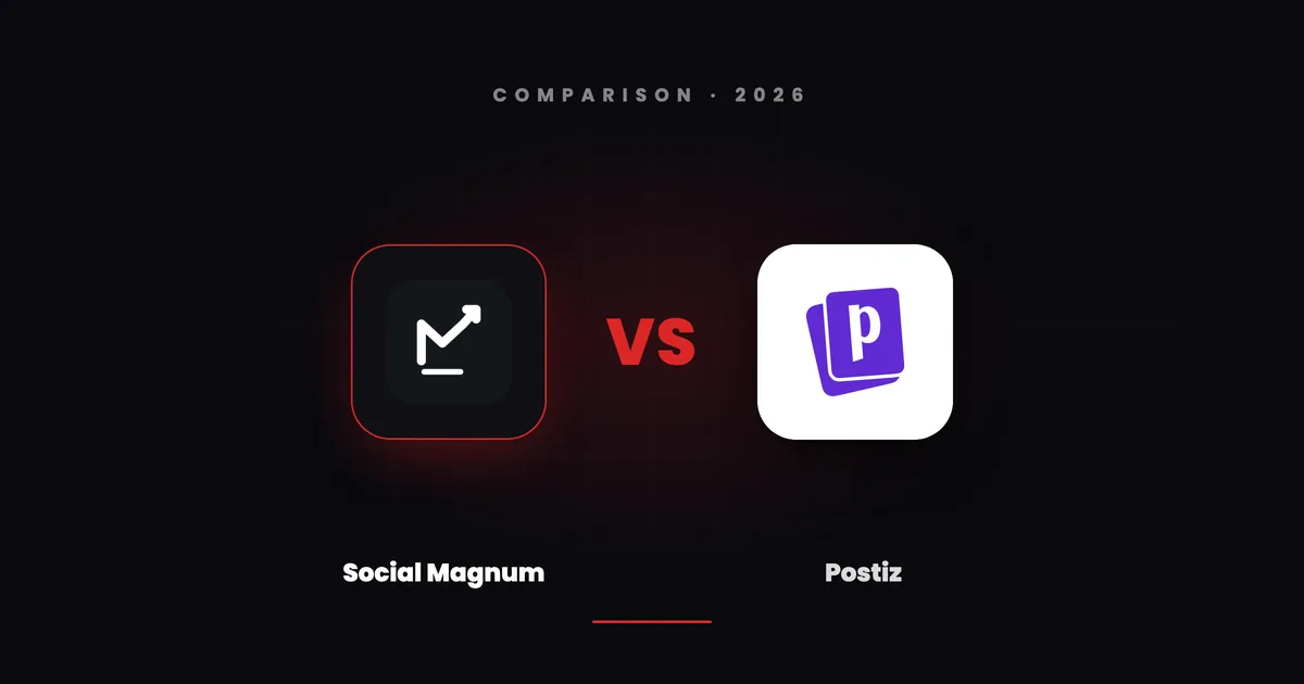 Social Magnum's dark tile and Postiz's white tile facing each other across a red VS on a dark canvas