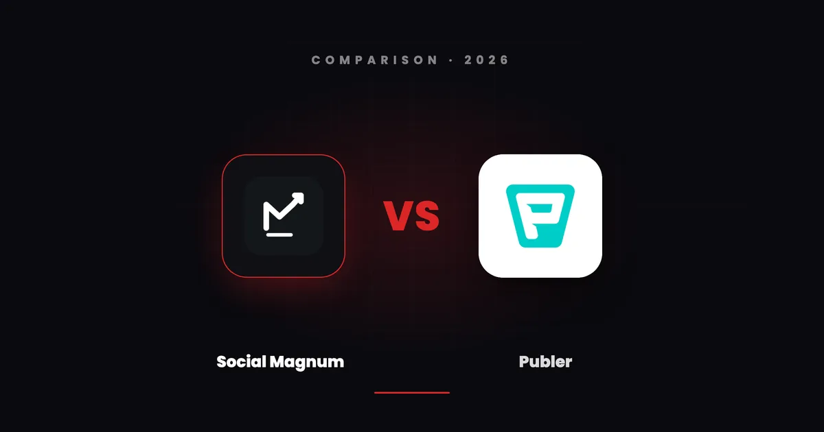 Social Magnum's dark tile and Publer's white tile facing each other across a red VS on a dark canvas