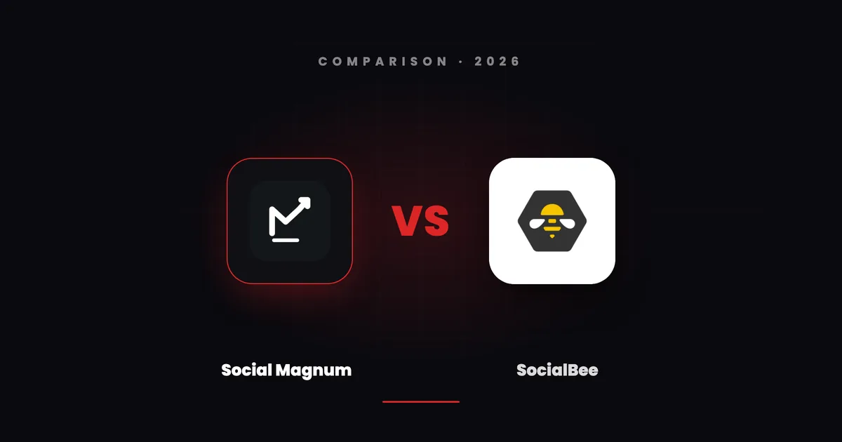 Social Magnum's dark tile and SocialBee's white tile facing each other across a red VS on a dark canvas