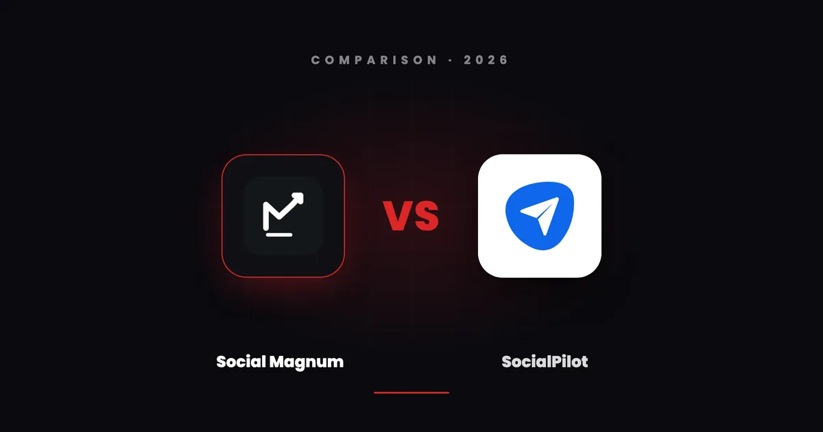 Social Magnum's dark tile and SocialPilot's blue arrow tile facing each other across a red VS on a dark canvas