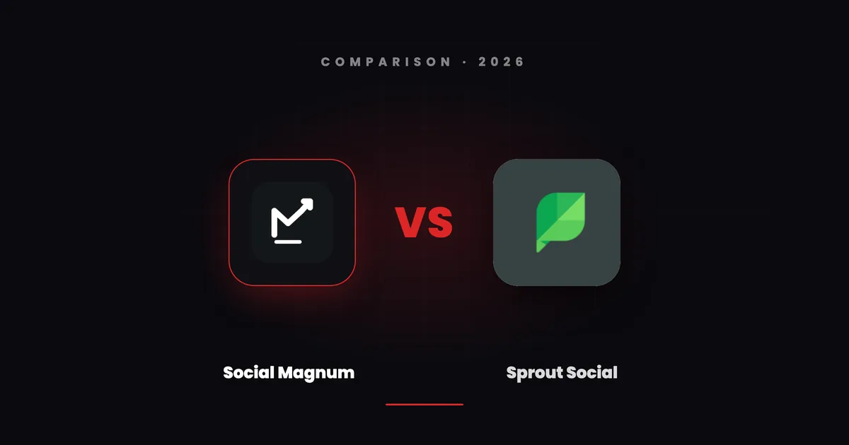 Social Magnum's dark tile and Sprout Social's green leaf tile facing each other across a red VS on a dark canvas