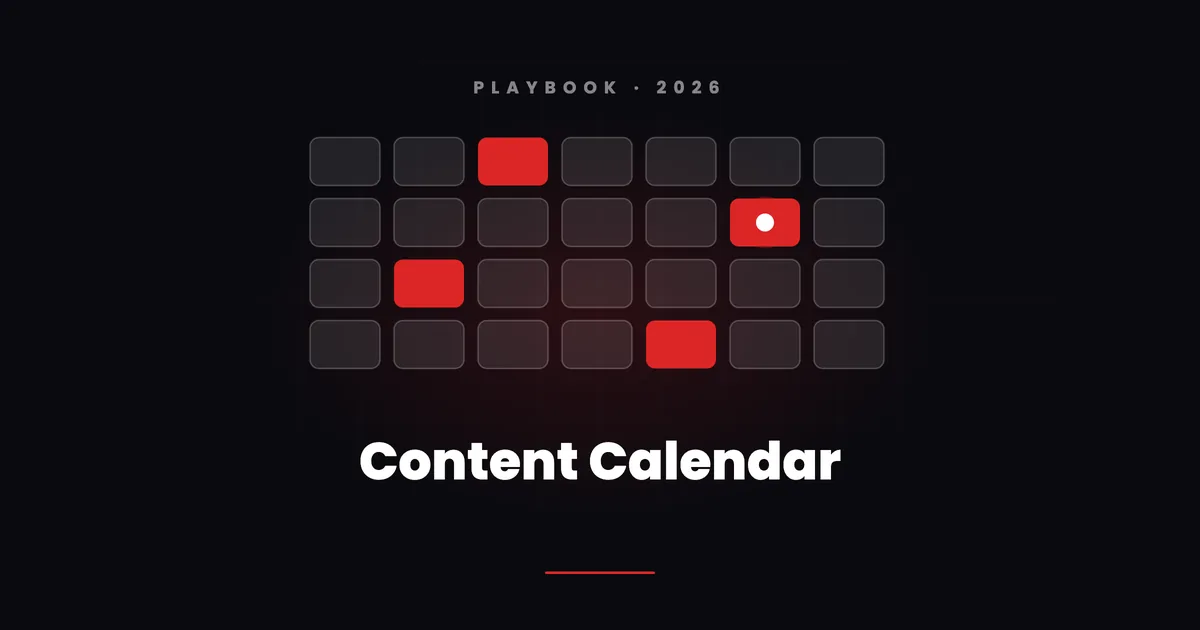 A dark calendar grid with red-filled slots and one glowing entry under the words Content Calendar
