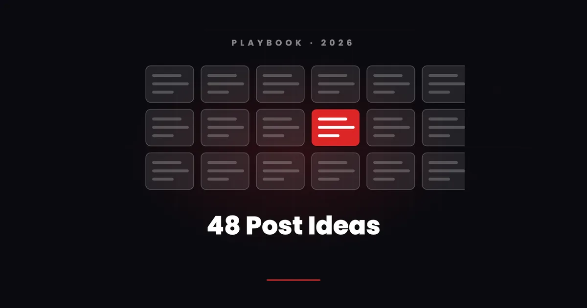 A grid of small content cards with one highlighted in red under the words 48 Post Ideas