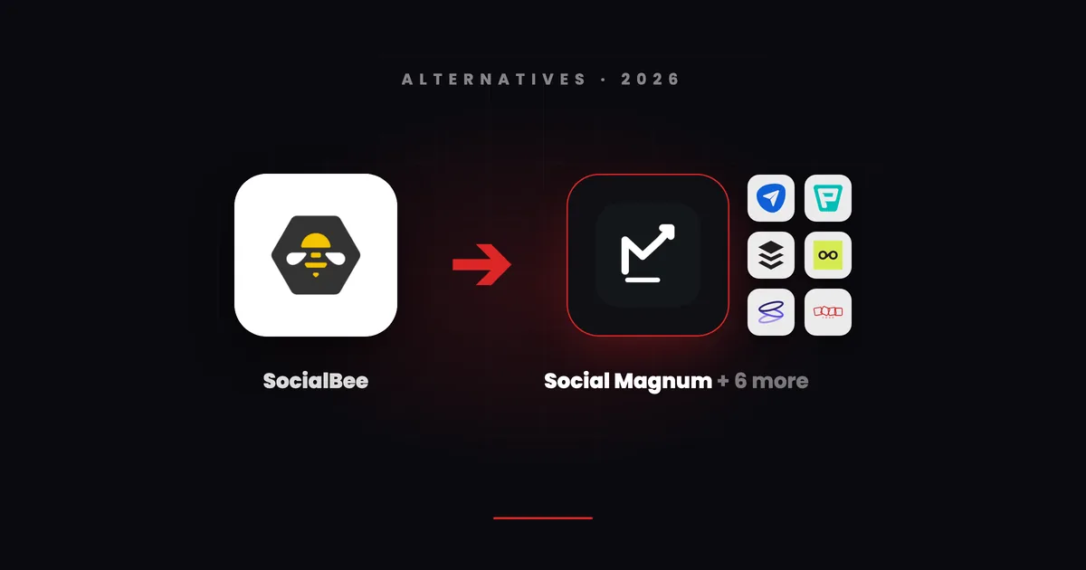 SocialBee's tile with a red arrow pointing to Social Magnum's dark tile beside small tiles for SocialPilot, Publer, Buffer, Metricool, Sendible and Zoho Social