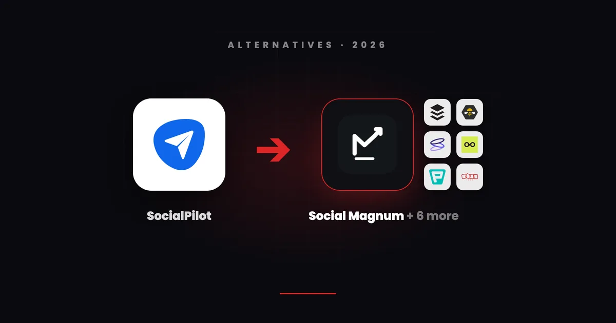 SocialPilot's blue arrow tile with a red arrow pointing to Social Magnum's dark tile beside small tiles for Buffer, SocialBee, Sendible, Metricool, Publer and Zoho Social