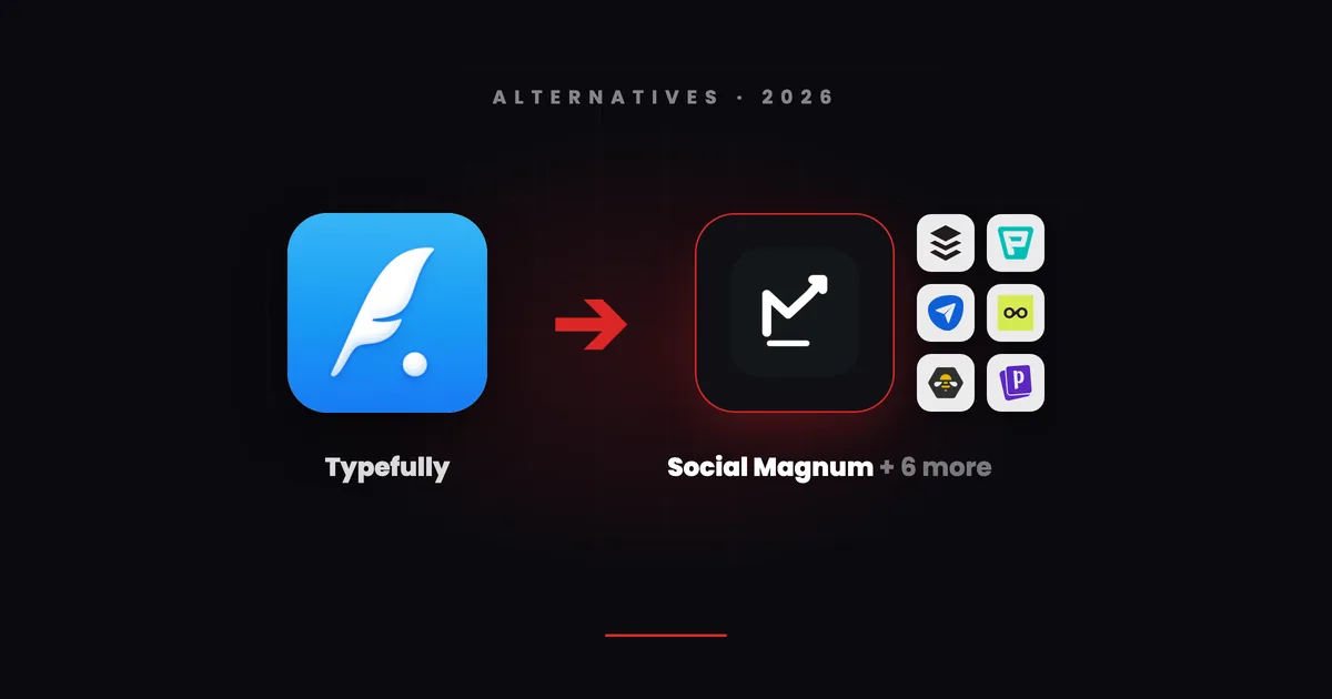Typefully's blue quill tile with a red arrow pointing to Social Magnum's dark tile beside small tiles for Buffer, Publer, SocialPilot, Metricool, SocialBee and Postiz