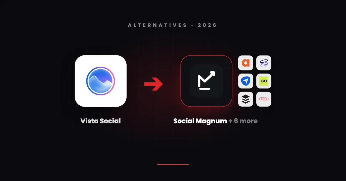 Vista Social's tile with a red arrow pointing to Social Magnum's dark tile beside small tiles for Agorapulse, Sendible, SocialPilot, Metricool, Buffer and Zoho Social