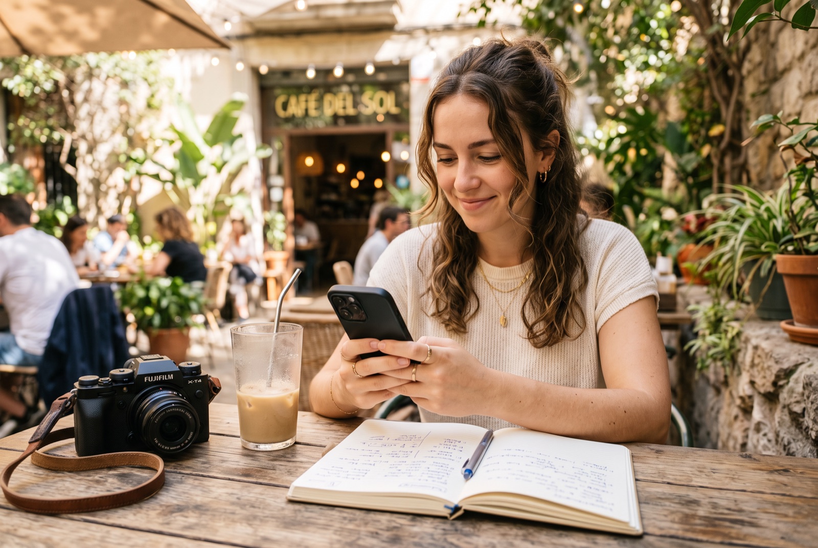 A creator writing a social media post at a cafe table beside a camera and notebook