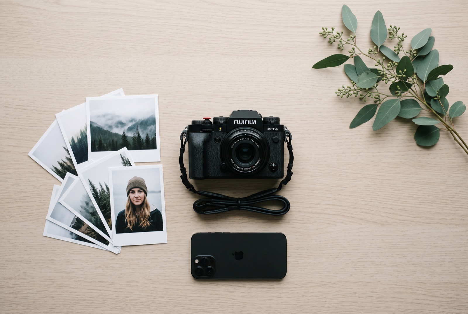 A flat lay of a camera, printed photographs and a phone on a pale desk