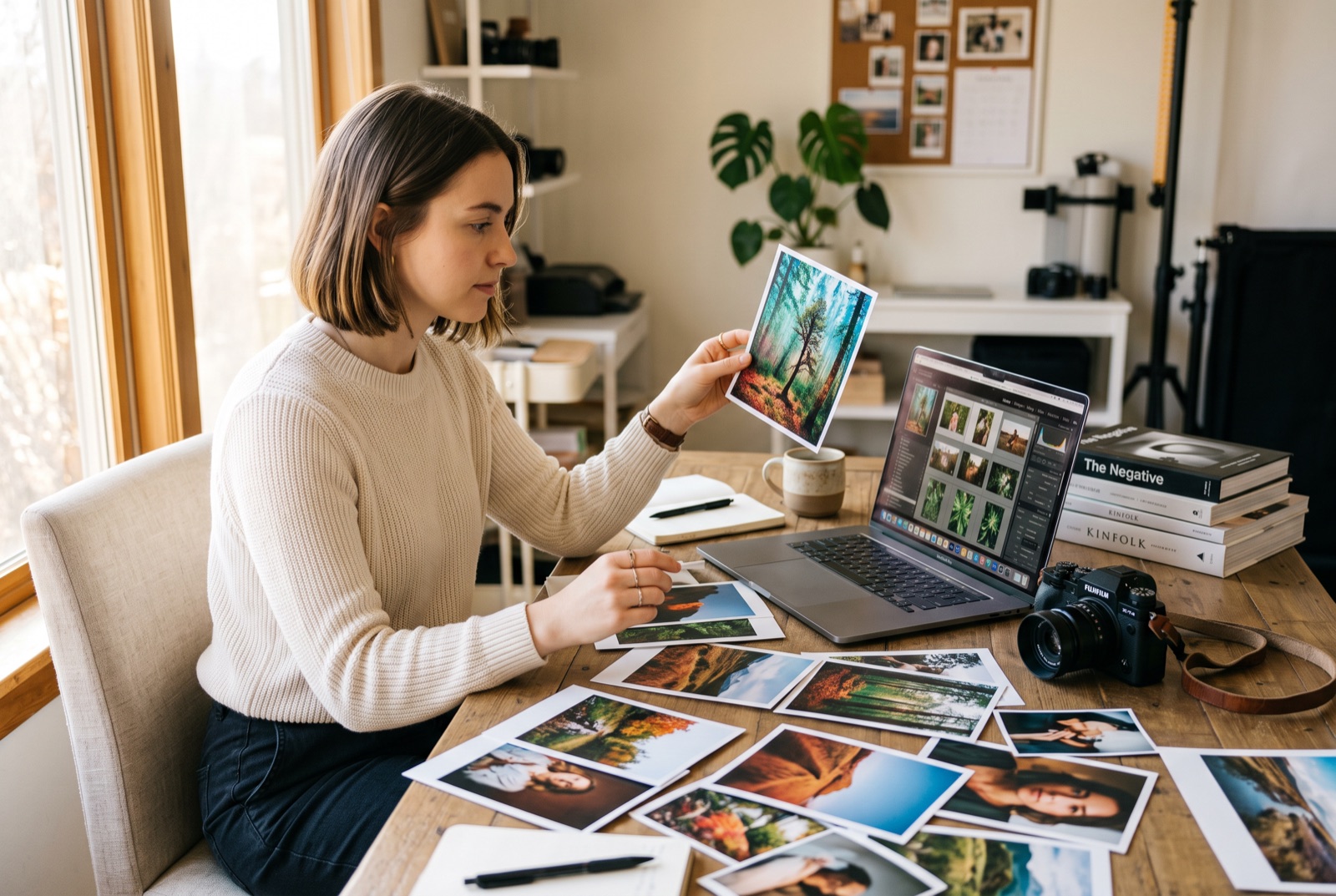 A photographer comparing printed photos beside a laptop and camera in a bright studio