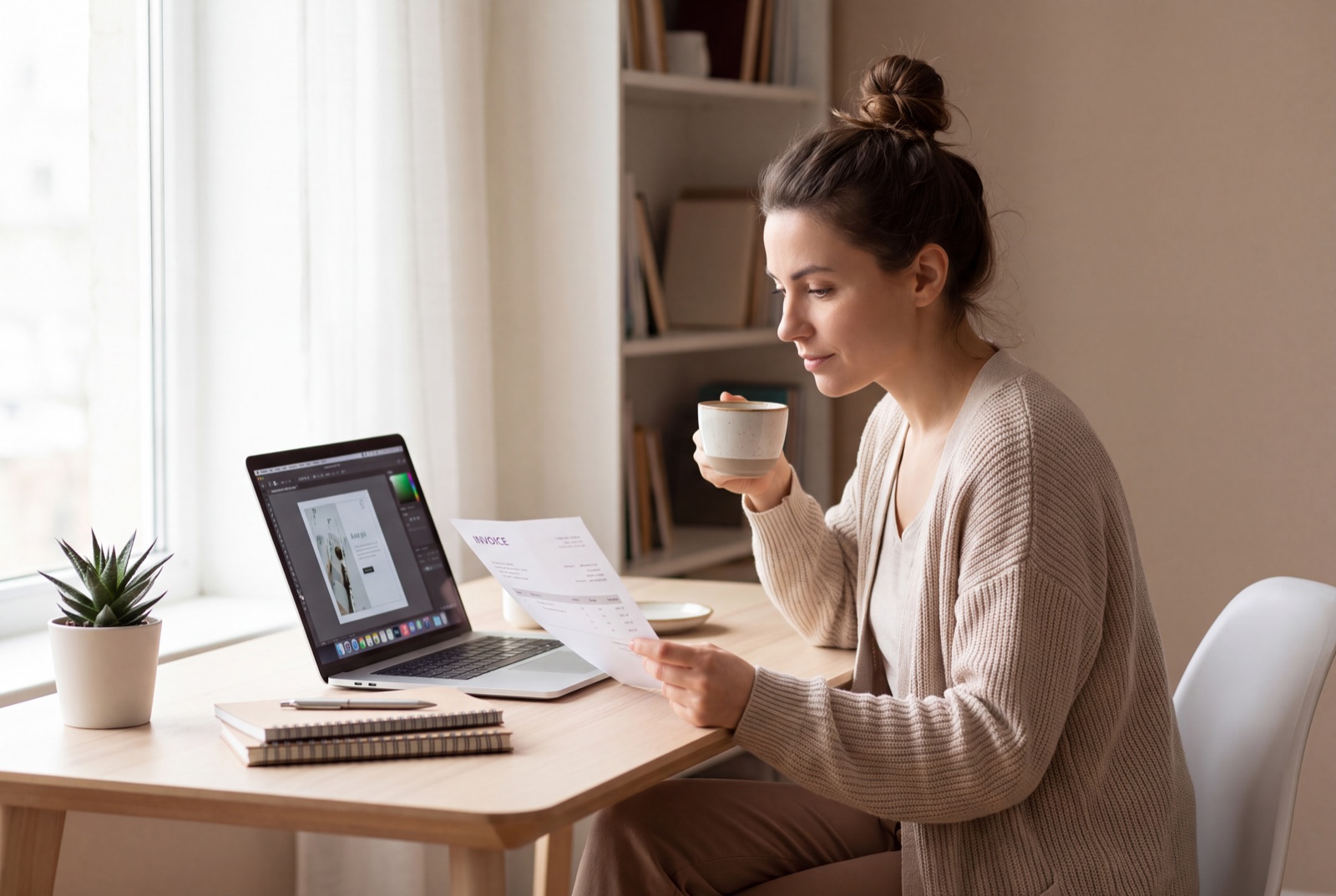 A freelancer at a tidy desk reviewing a printed invoice with a coffee