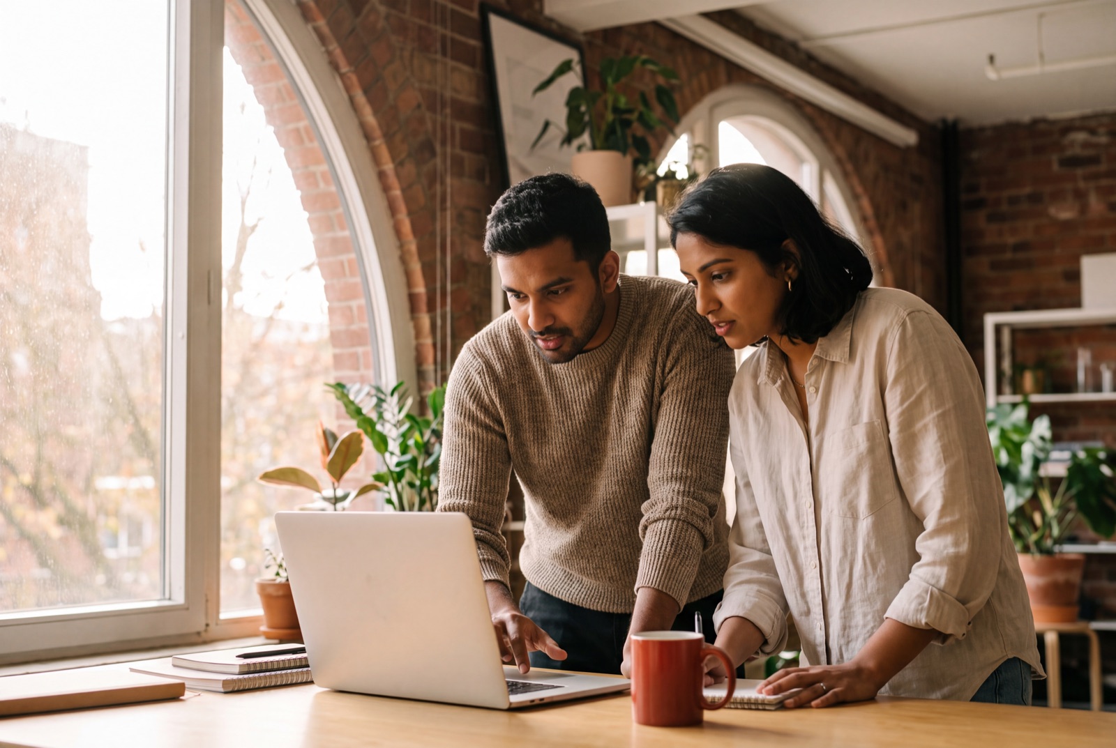 Two freelancers reviewing work together at a laptop in a bright studio