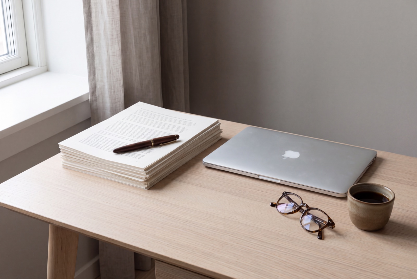 A quiet desk with a stack of printed documents, a fountain pen and a closed laptop