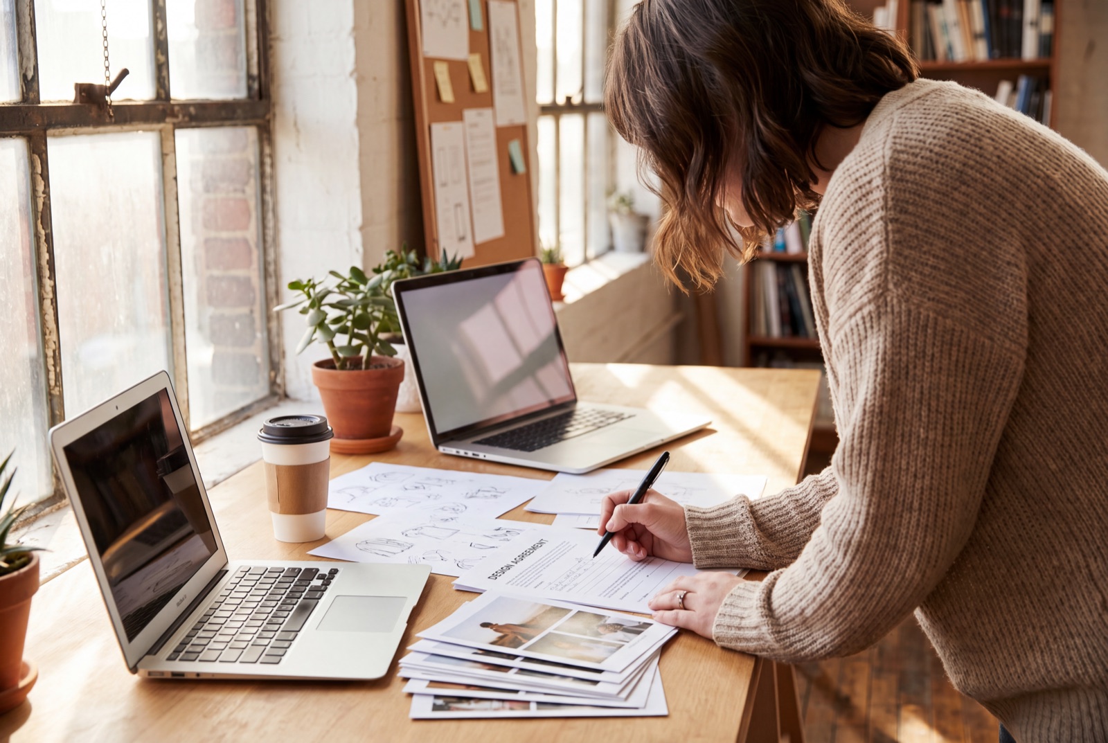 A designer marking up a printed design agreement at a bright studio desk