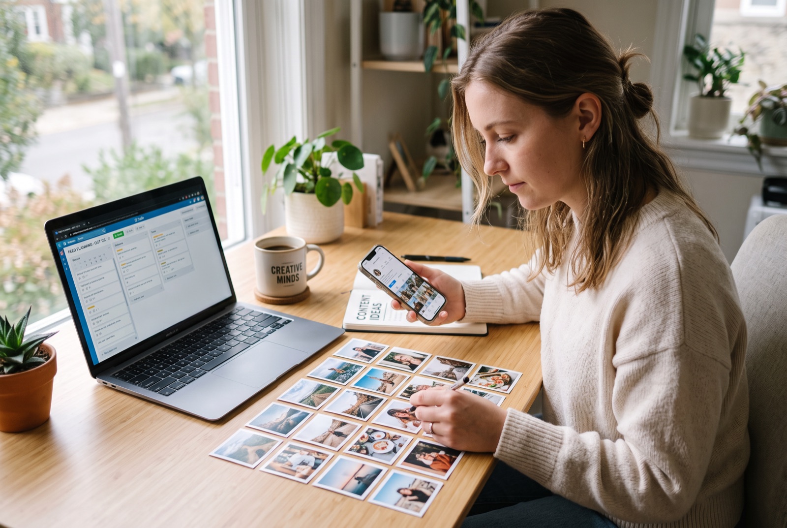 A creator planning a social feed with printed photographs, a laptop and a phone