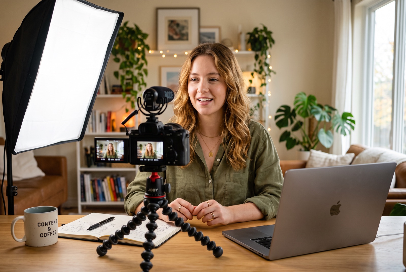 A creator recording a talking-head video at a desk with a camera on a tripod