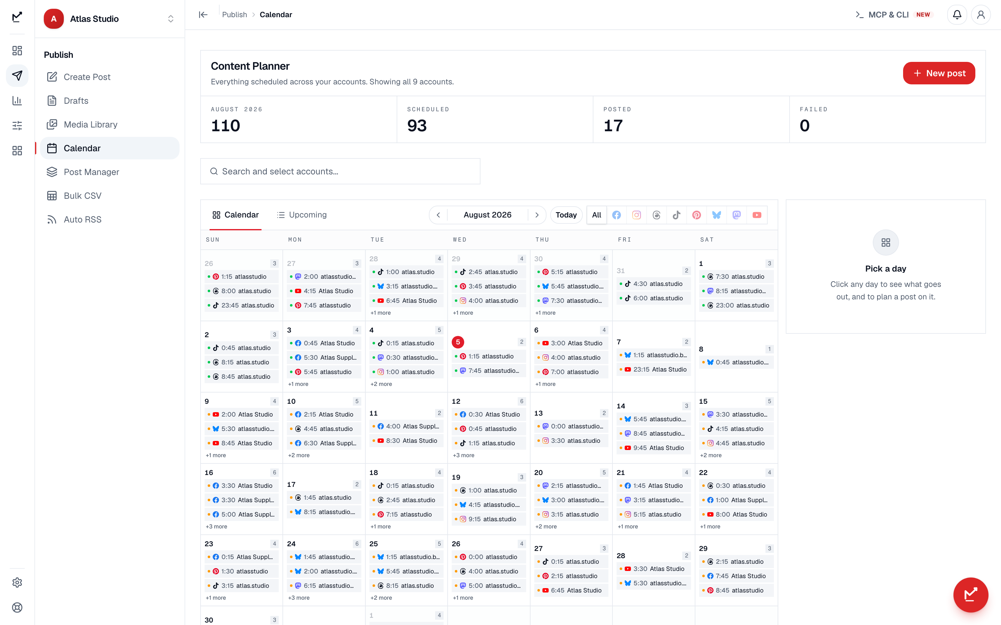 One content calendar showing posts scheduled across all social networks at once
