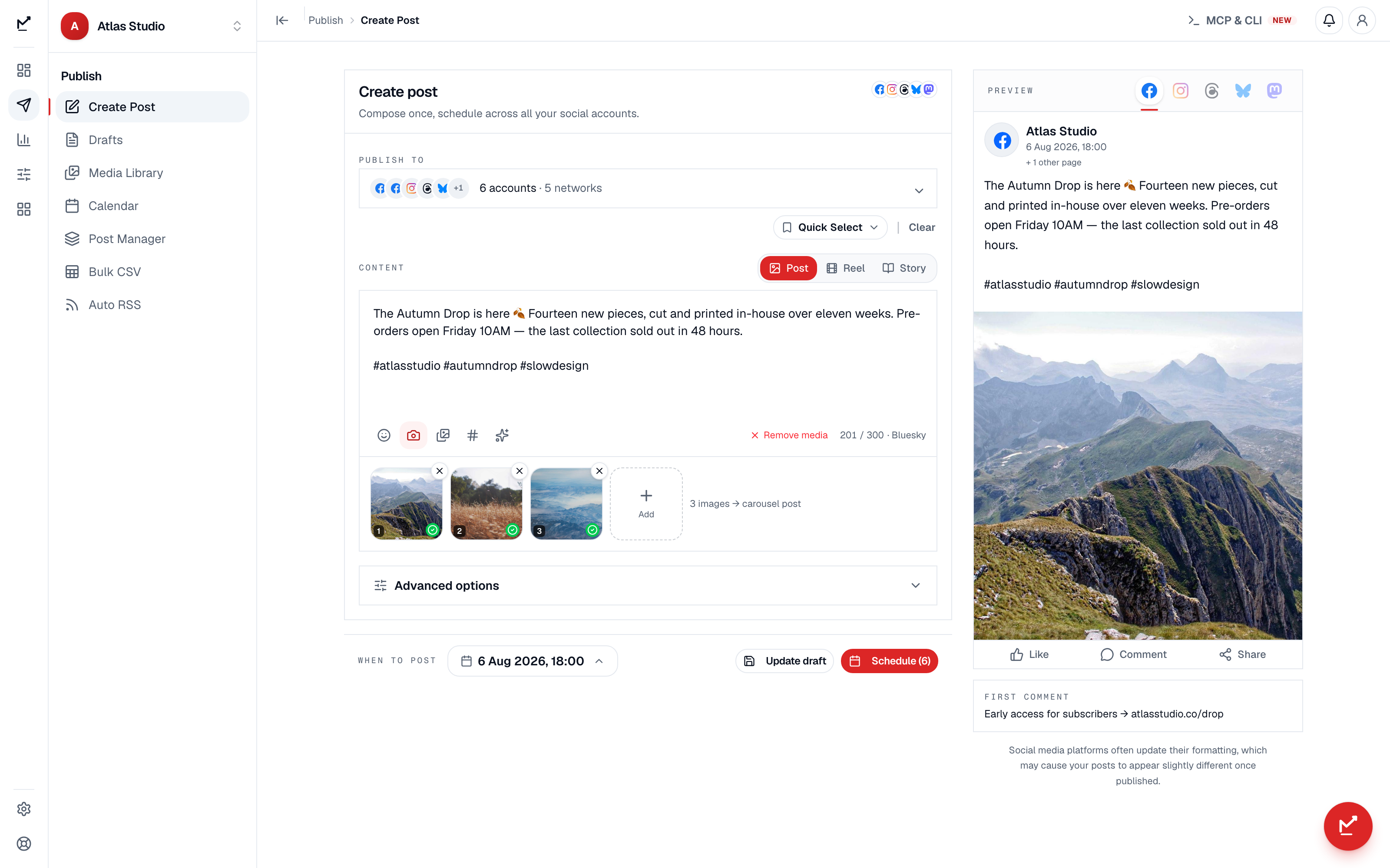 Composing an Instagram post once and scheduling it to publish automatically alongside other networks
