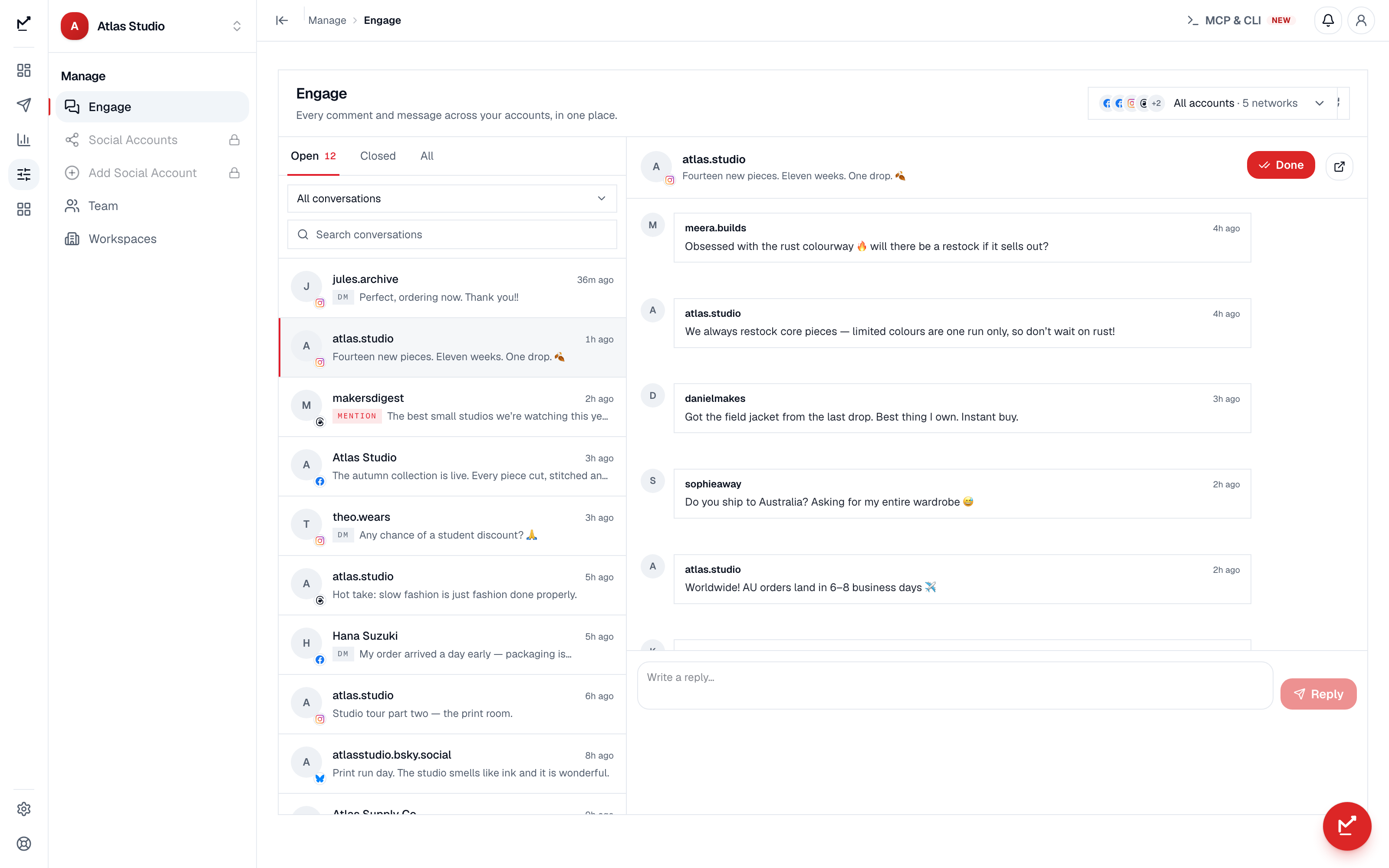 Threads replies collected in a shared inbox alongside other networks after scheduling posts