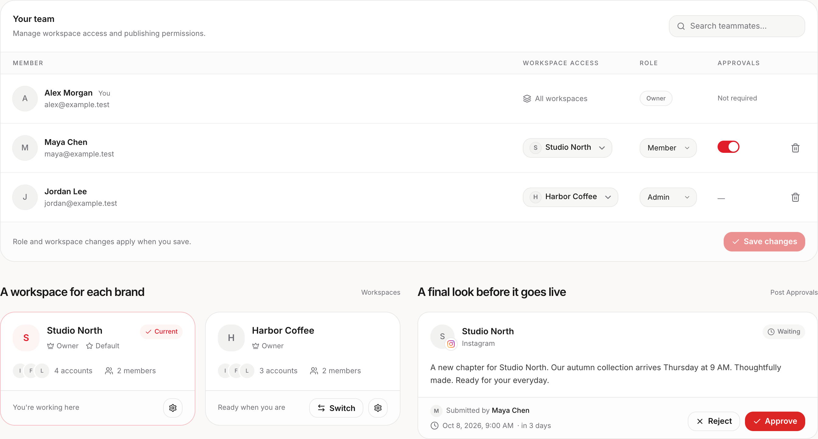 Illustrative Social Magnum interface: Studio North workspace, Maya Chen assigned the member role with post approval enabled, and her post waiting for review. All names and posts are fictional.