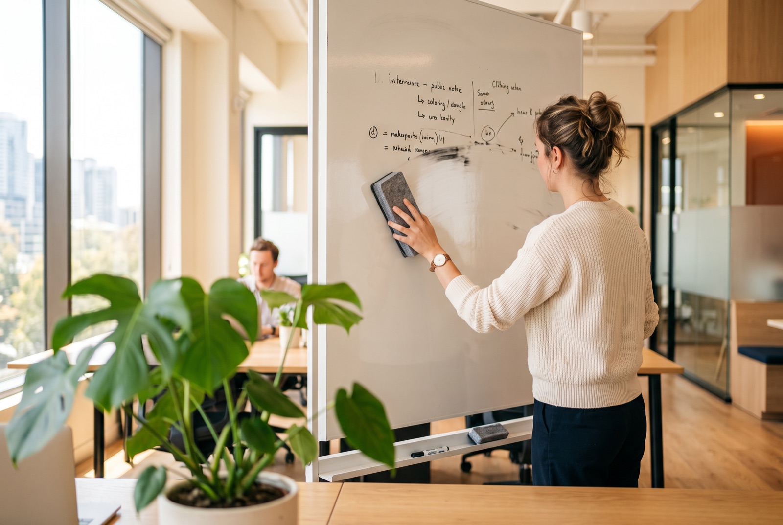 A person wiping a whiteboard clean in a bright modern office