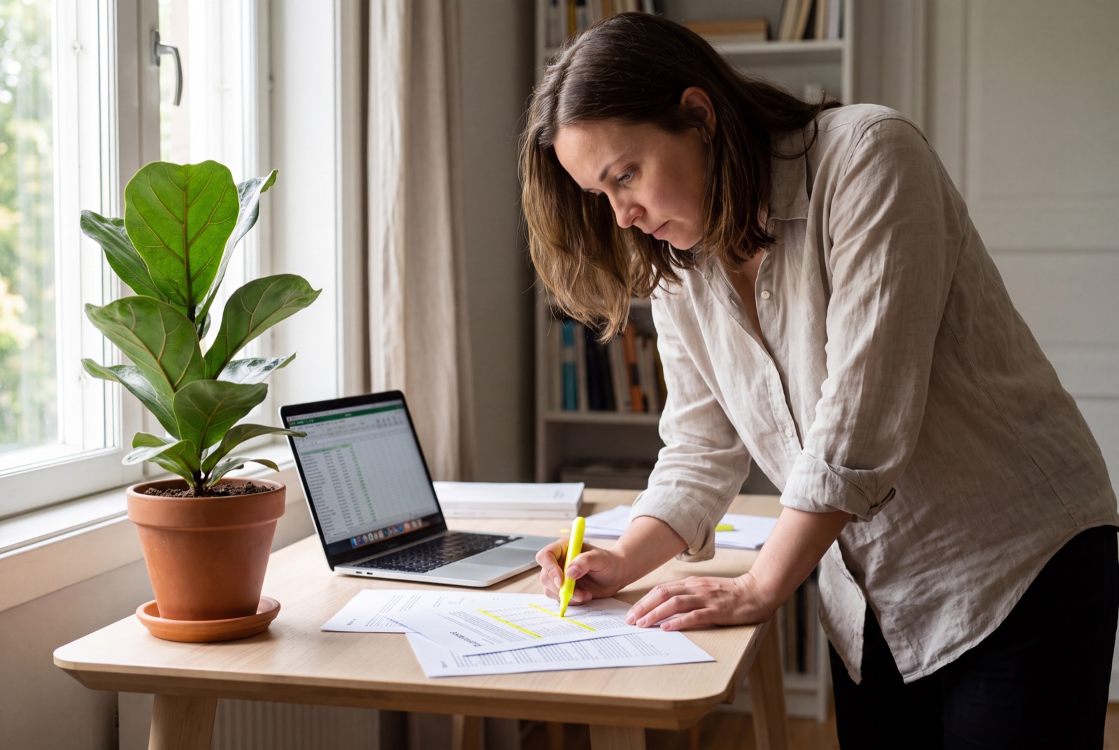 A person reading a printed document with a highlighter at a bright desk