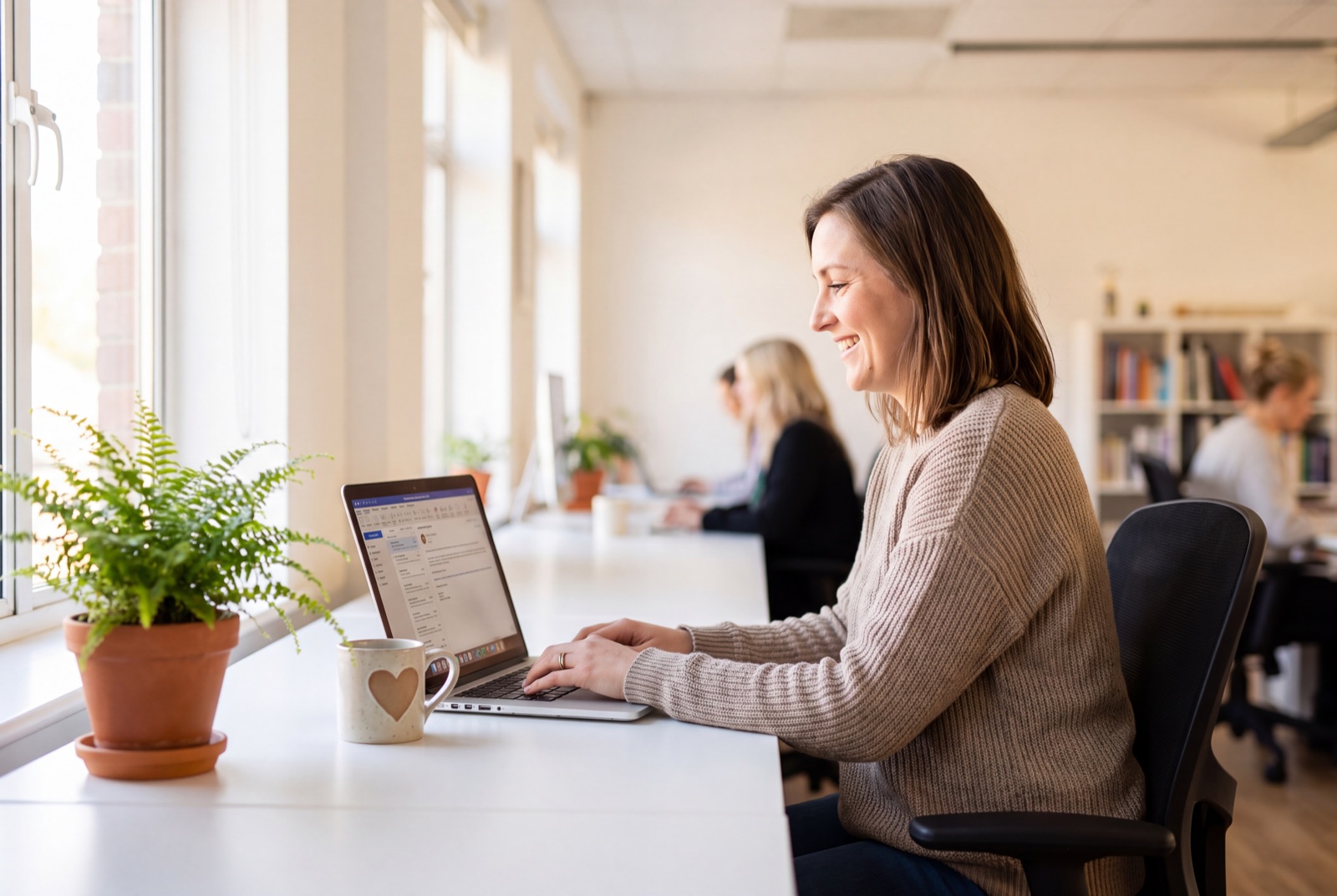 A support specialist replying to a customer email at a bright modern desk
